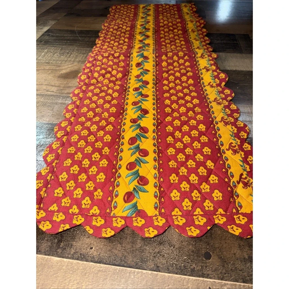 Quilted Table Runner 72x14 Cotton Indian Floral Red Yellow French Country